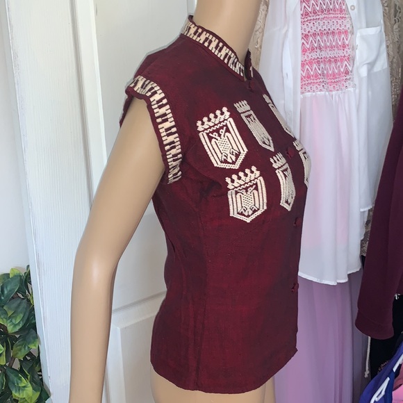 Burgundy embroidered mandarin collar sleeveless button down Ethnic shirt Top S - Picture 8 of 11
